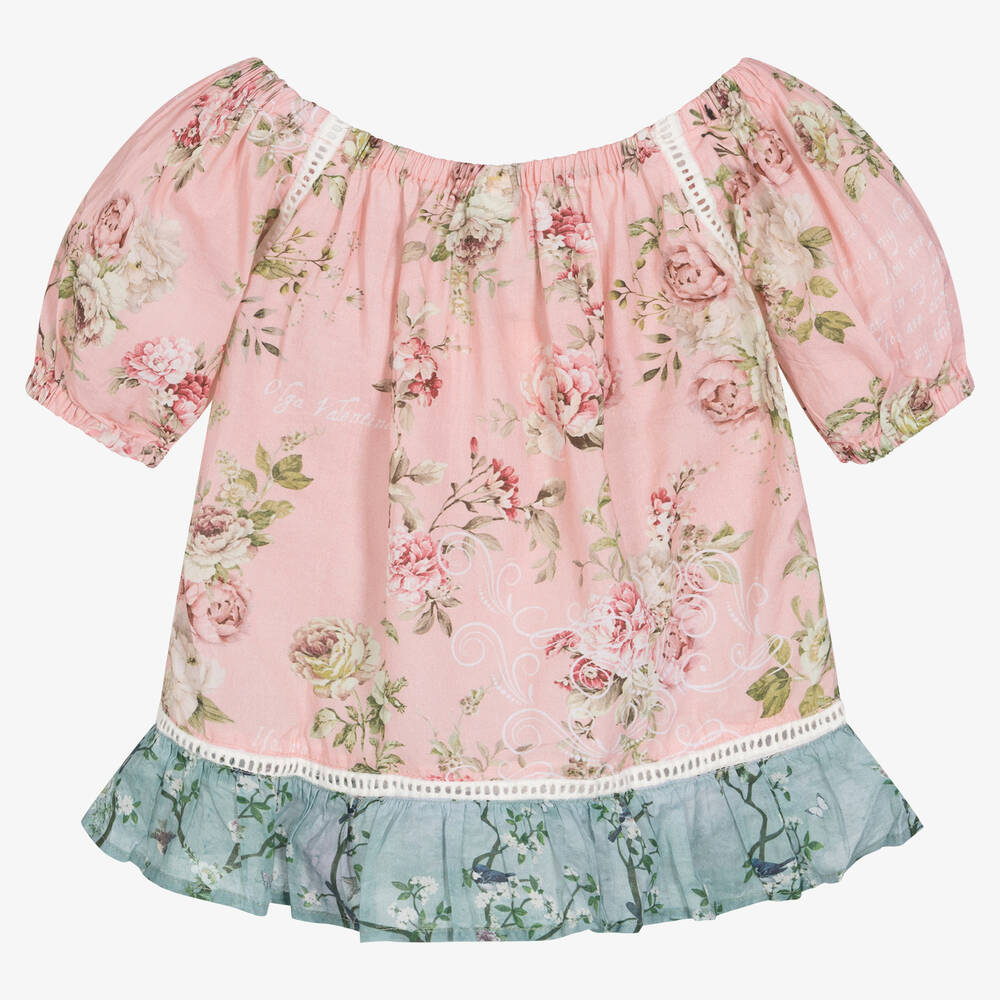 Olga Valentine-Girls Pink Floral Cotton Blouse | Childrensalon Outlet