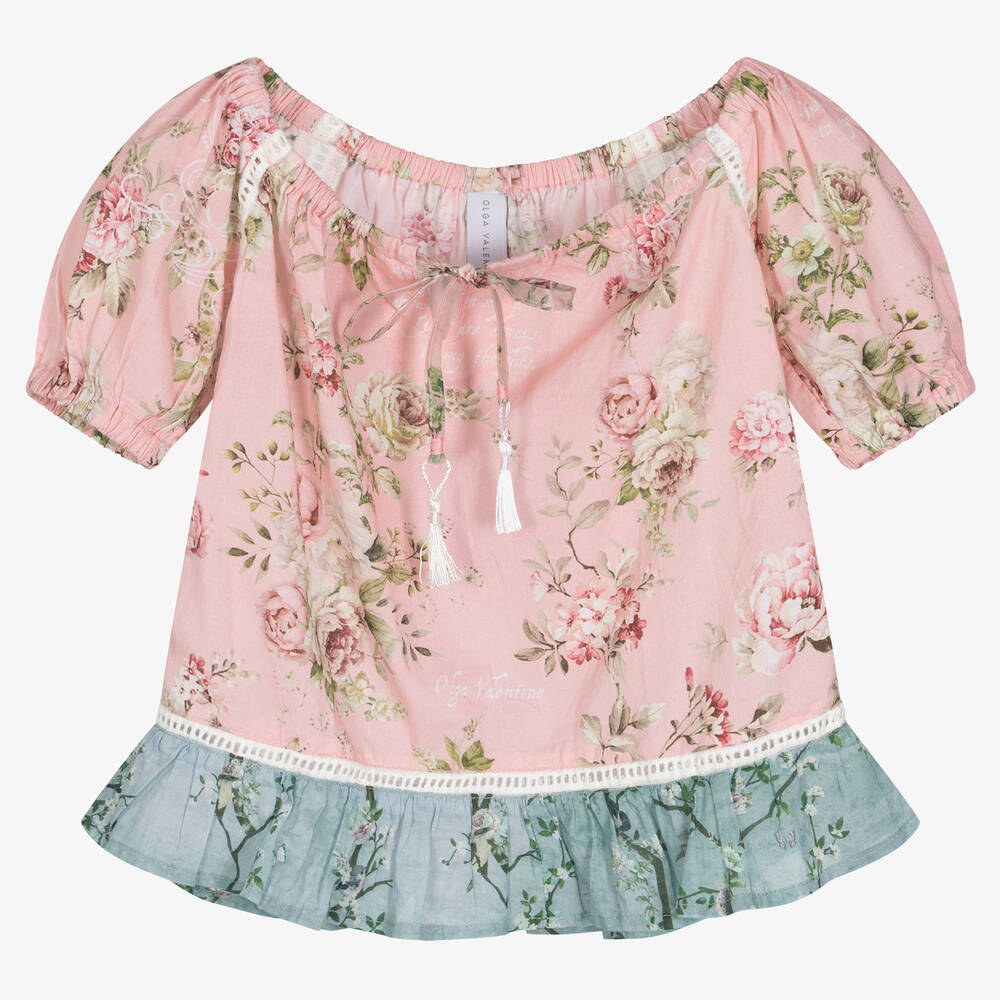 Olga Valentine - Girls Pink Floral Cotton Blouse | Childrensalon