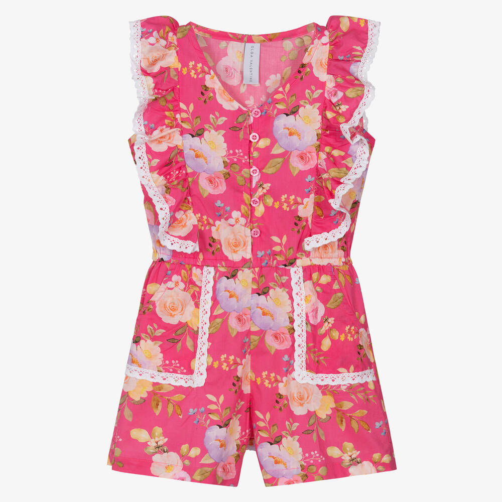 Olga Valentine-Girls Pink Floral Cotton Playsuit | Childrensalon Outlet