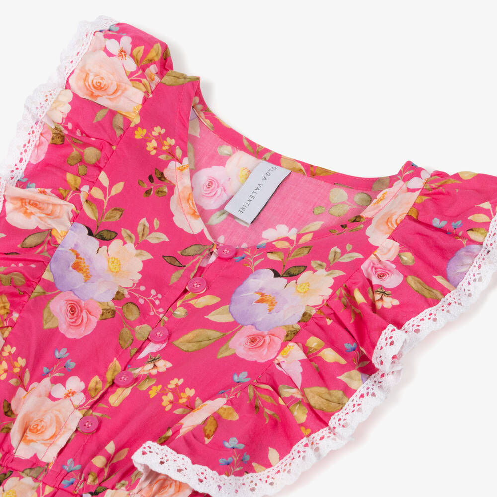 Olga Valentine-Girls Pink Floral Cotton Playsuit | Childrensalon Outlet