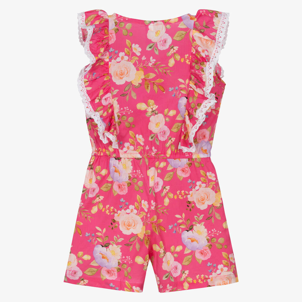 Olga Valentine-Girls Pink Floral Cotton Playsuit | Childrensalon Outlet