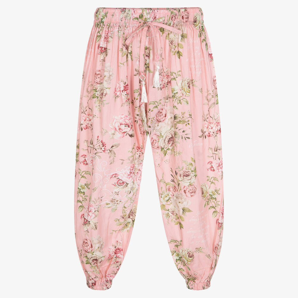 Olga Valentine - Girls Pink Floral Cotton Trousers | Childrensalon