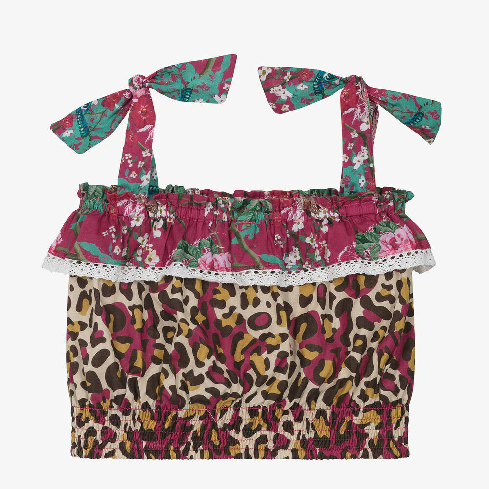 Olga Valentine-Girls Pink Floral & Leopard Cotton Blouse | Childrensalon Outlet