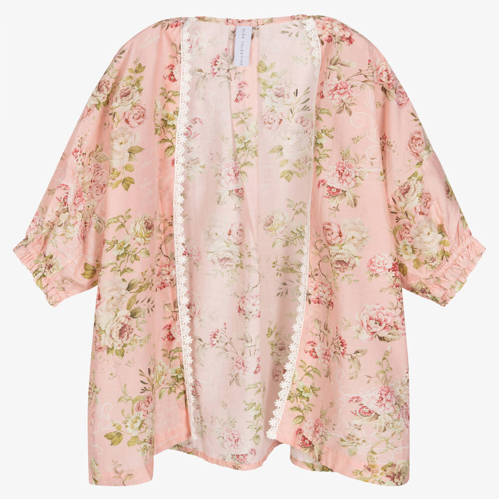 Olga Valentine - Girls Pink Floral Silk & Cotton Kimono | Childrensalon