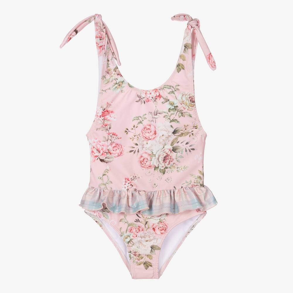 Olga Valentine - Girls Pink Floral Swimsuit (UPF50+) | Childrensalon
