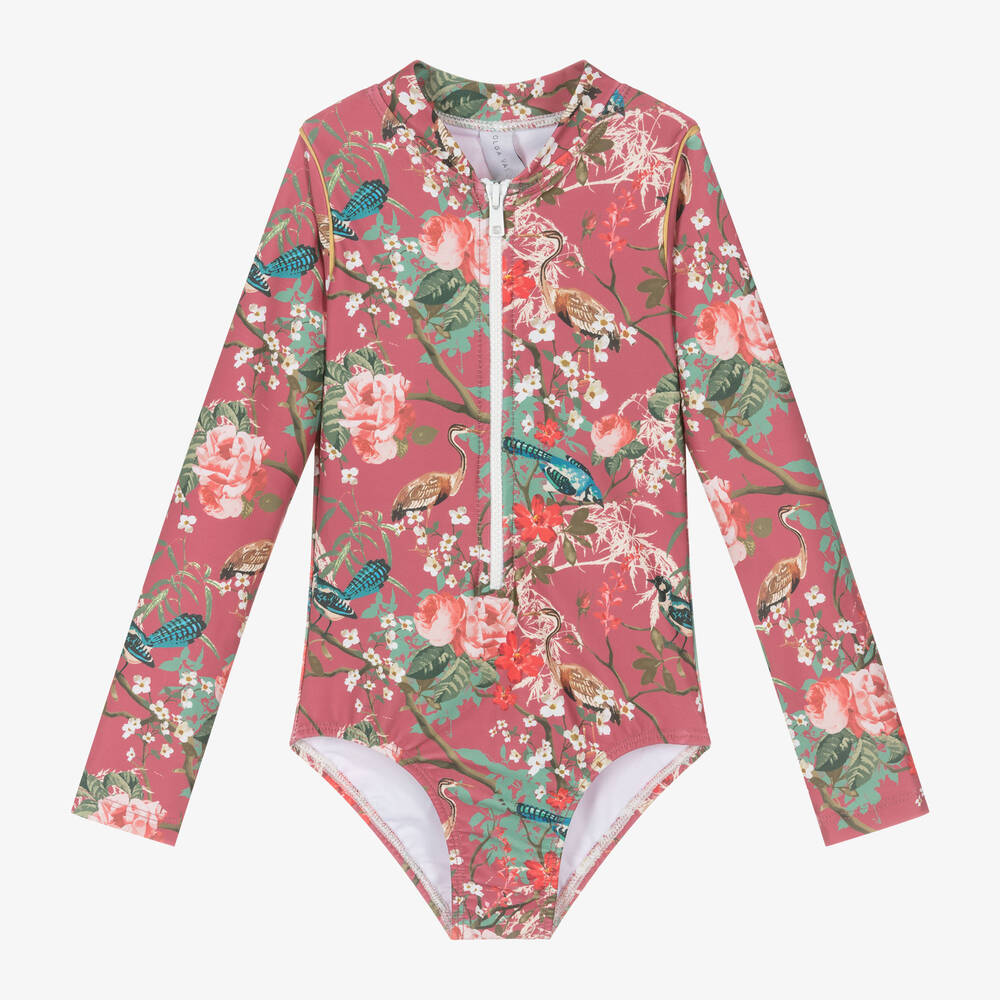 Olga Valentine-Girls Pink Floral Swimsuit (UPF50+) | Childrensalon Outlet