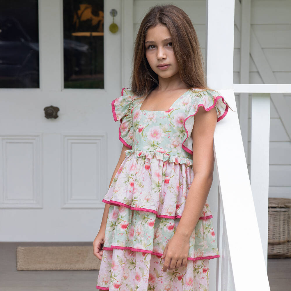 Olga Valentine-Girls Pink & Green Floral Print Ruffle Dress | Childrensalon Outlet