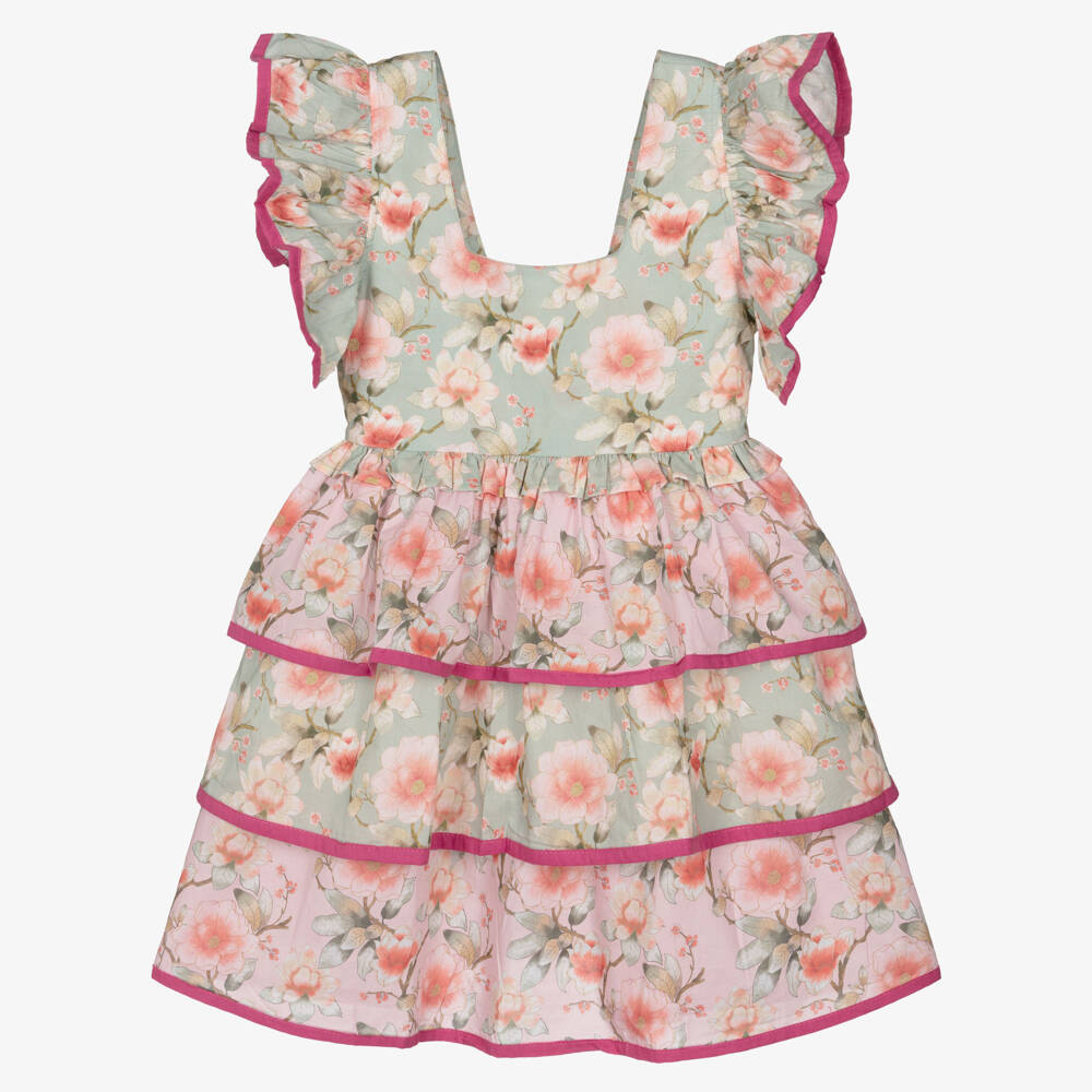 Olga Valentine-Girls Pink & Green Floral Print Ruffle Dress | Childrensalon Outlet