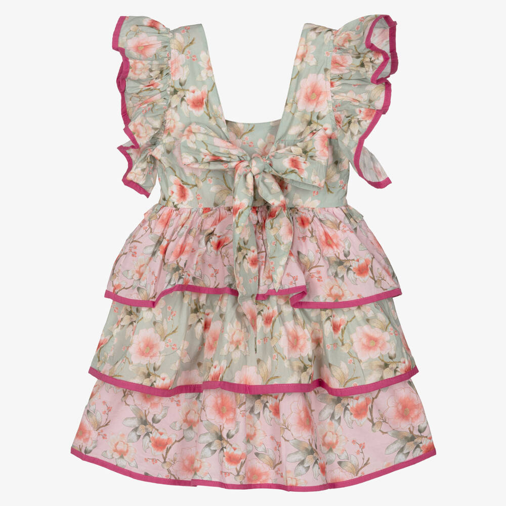 Olga Valentine-Girls Pink & Green Floral Print Ruffle Dress | Childrensalon Outlet