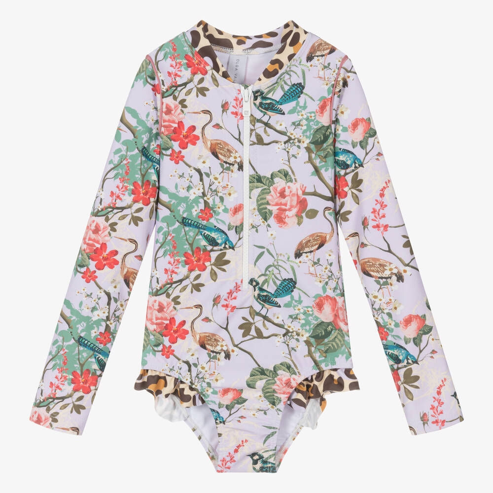 Olga Valentine-Girls Purple Floral Swimsuit (UPF50+) | Childrensalon Outlet
