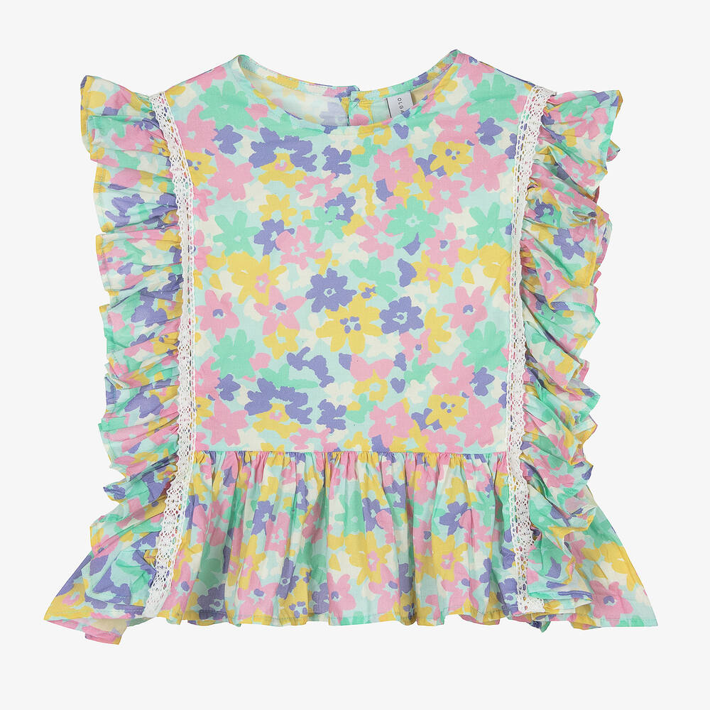 Olga Valentine-Girls Turquoise Blue Floral Cotton Blouse | Childrensalon Outlet
