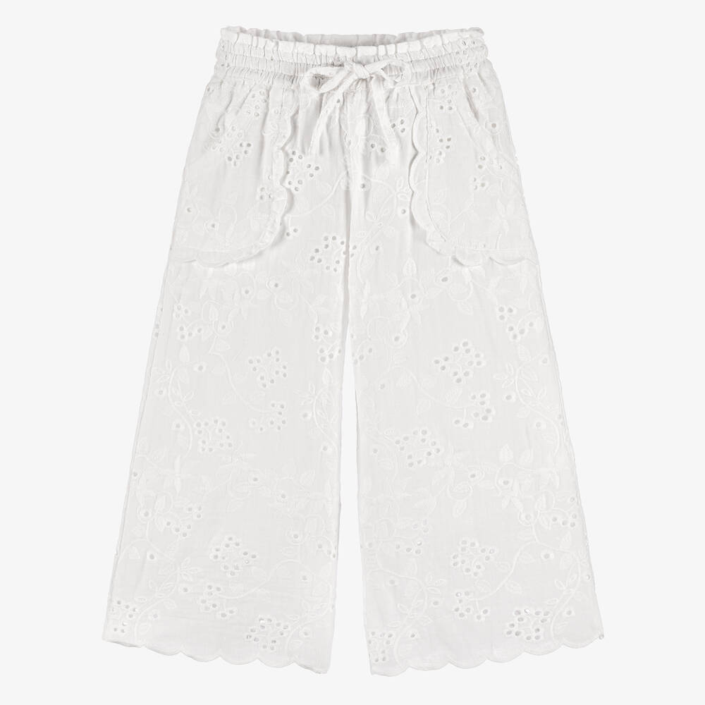 Olga Valentine-Girls White Cotton Broderie Anglaise Trousers | Childrensalon Outlet