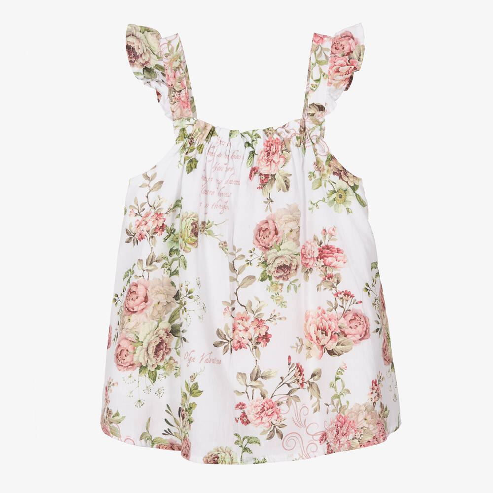 Olga Valentine - Girls White Cotton Floral Print Top | Childrensalon