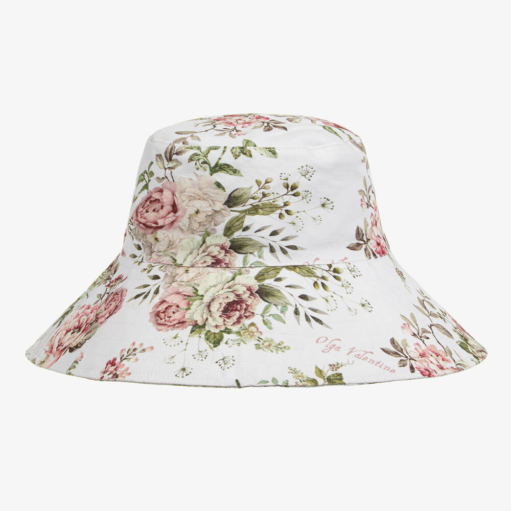 Olga Valentine-قبعة قطن تويل لون أبيض بطبعة ورود للبنات | Childrensalon Outlet