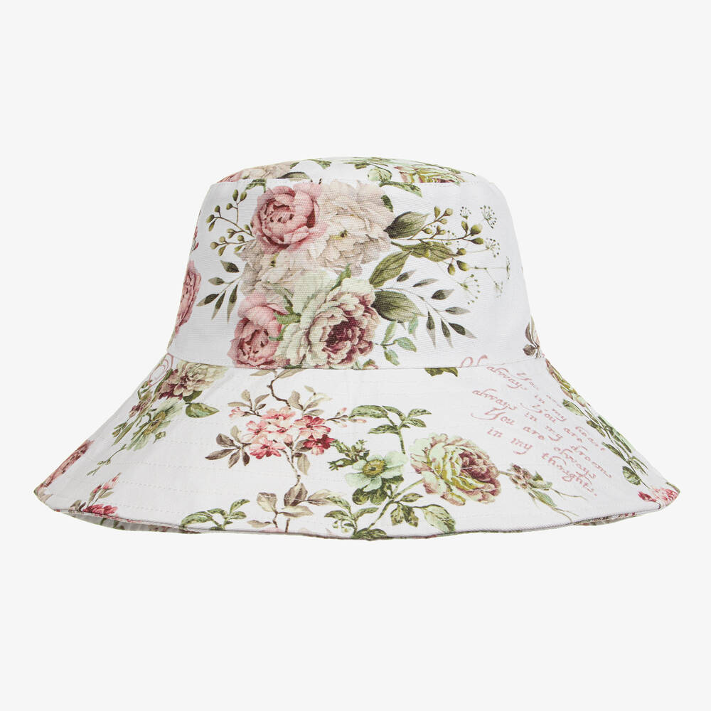 Olga Valentine - Girls White Floral Print Sun Hat | Childrensalon