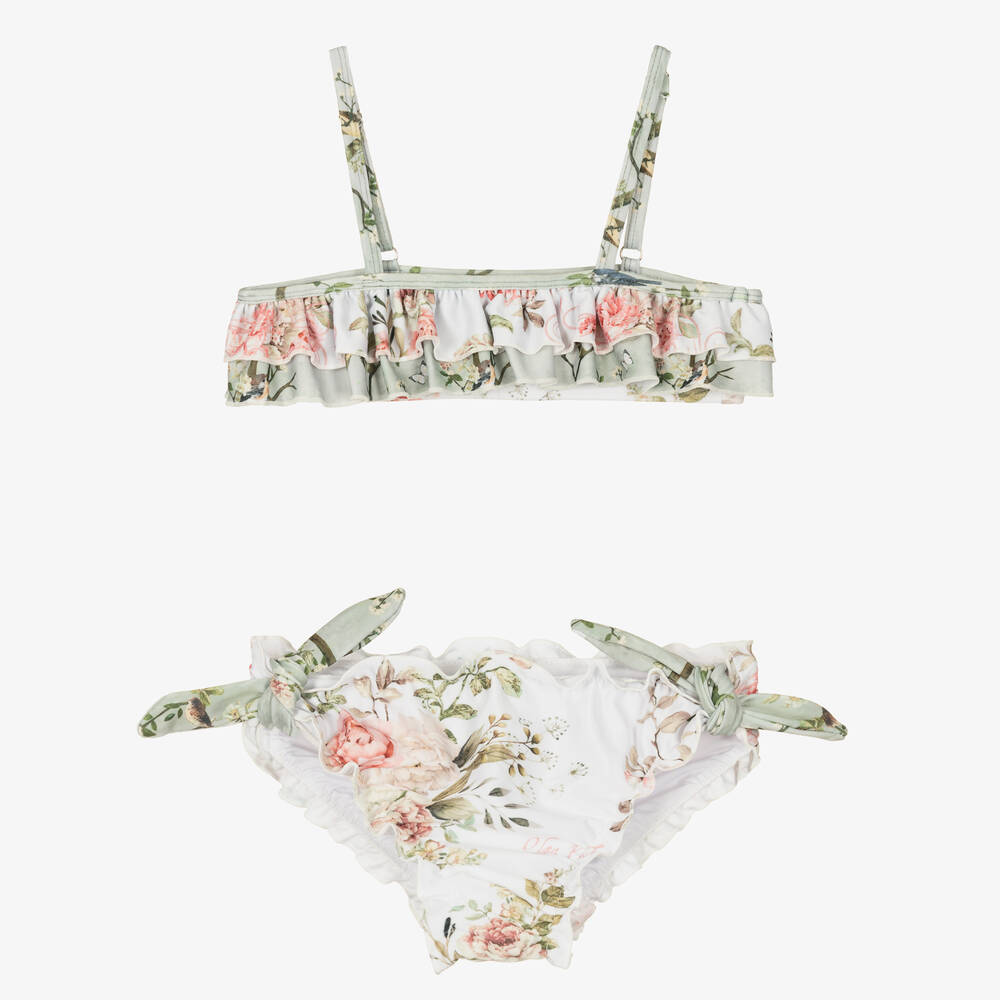 Olga Valentine - Girls White & Green Floral Bikini (UPF50+) | Childrensalon