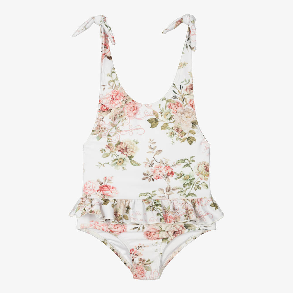 White swimsuit with pink flowers top