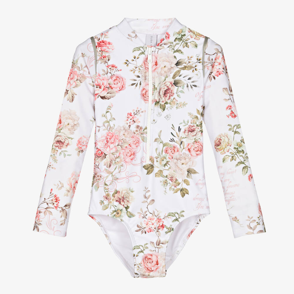 Olga Valentine - Girls White & Pink Floral Swimsuit (UPF50+) | Childrensalon