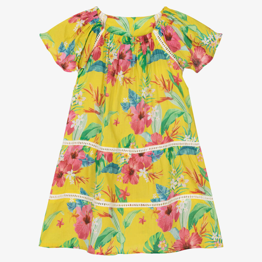 Olga Valentine-Girls Yellow Floral Cotton Dress | Childrensalon Outlet