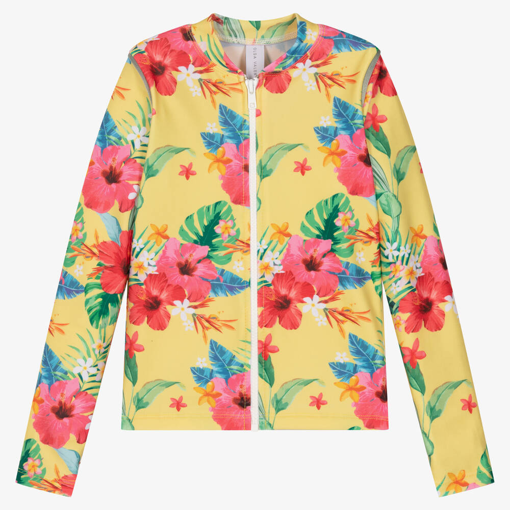 Olga Valentine - Girls Yellow Floral Sun Protective Top (UPF 50+) | Childrensalon