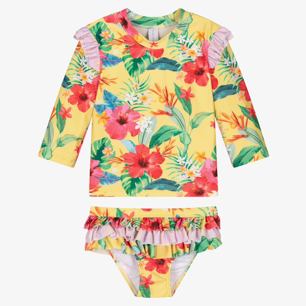 Olga Valentine - Girls Yellow Floral Swim Set (UPF 50+) | Childrensalon