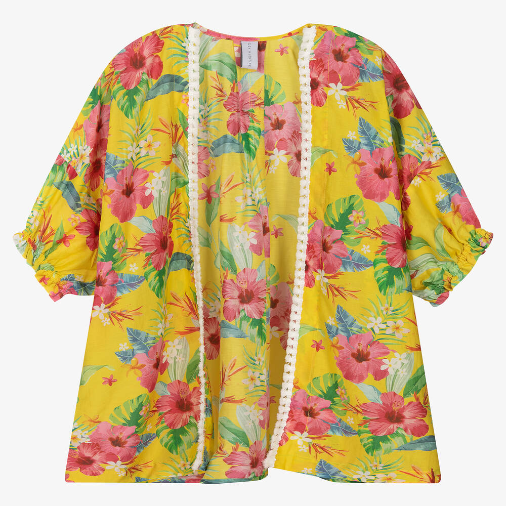 Olga Valentine - Girls Yellow Silk & Cotton Floral Kimono | Childrensalon