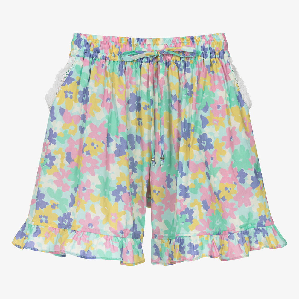 Olga Valentine-Teen Girls Blue Floral Print Cotton Shorts  | Childrensalon Outlet