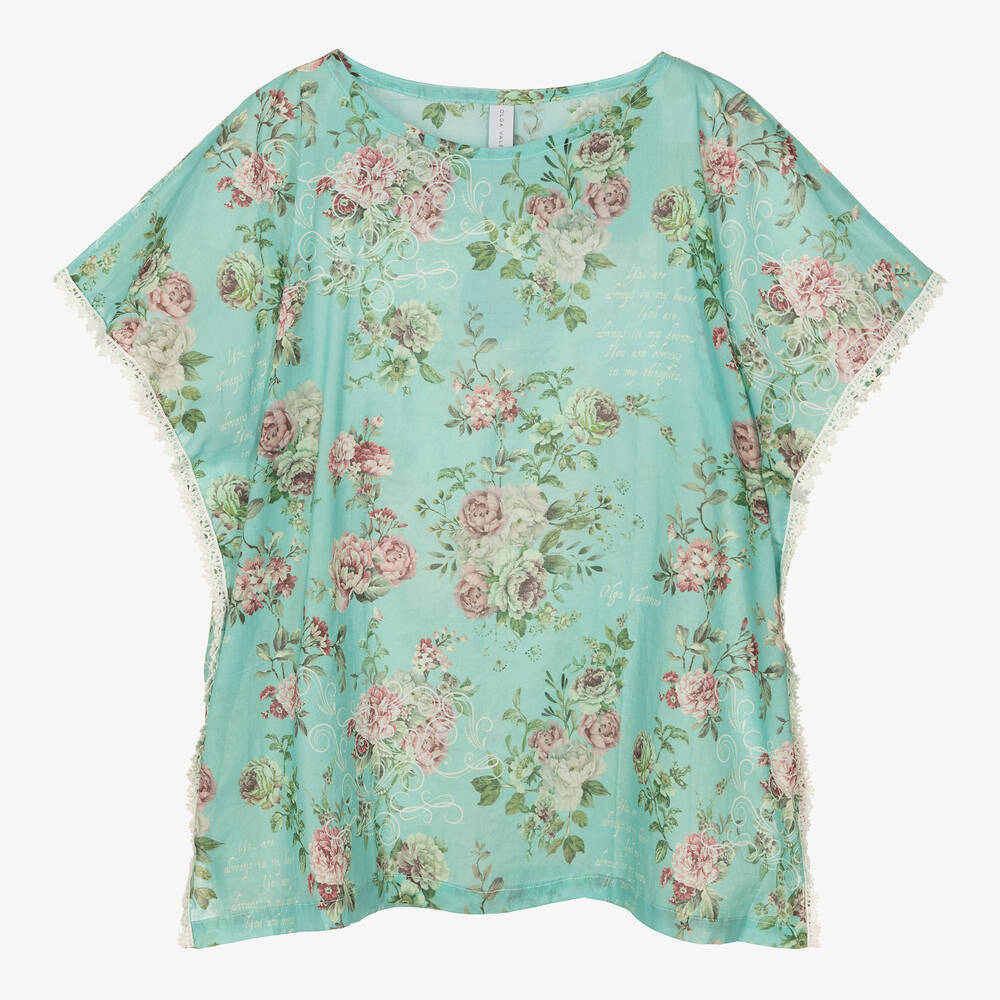 Olga Valentine - Teen Girls Green Cotton Floral Kaftan | Childrensalon