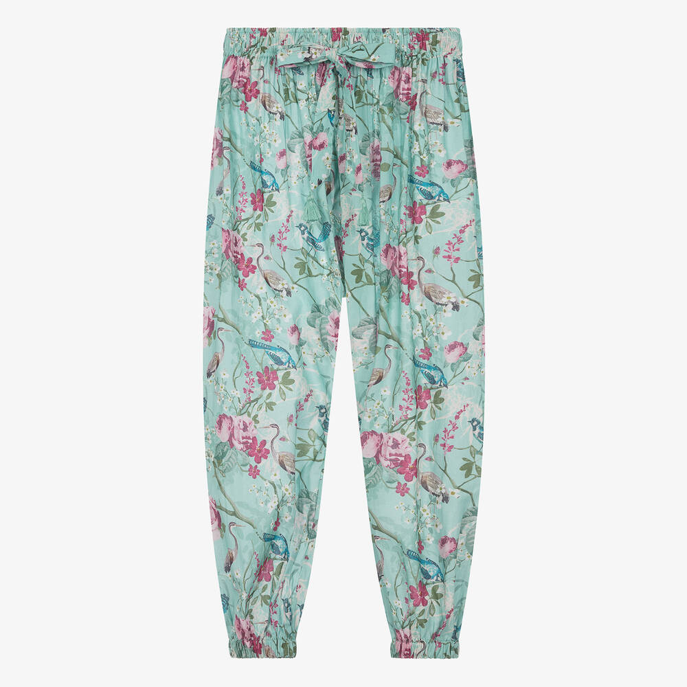 Olga Valentine-Teen Girls Green Floral Cotton Trousers | Childrensalon Outlet