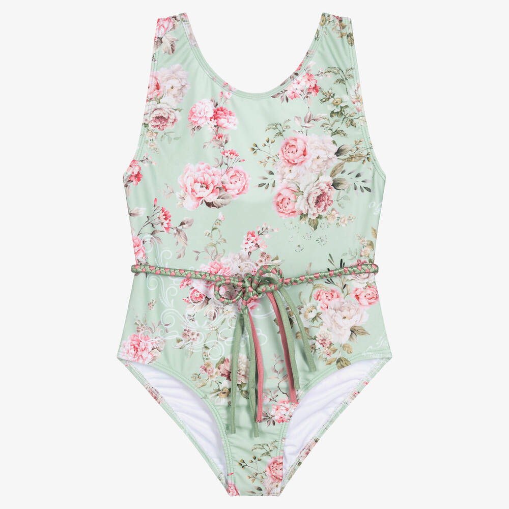 Olga Valentine - Teen Girls Green Floral Print Swimsuit (UPF50+) | Childrensalon