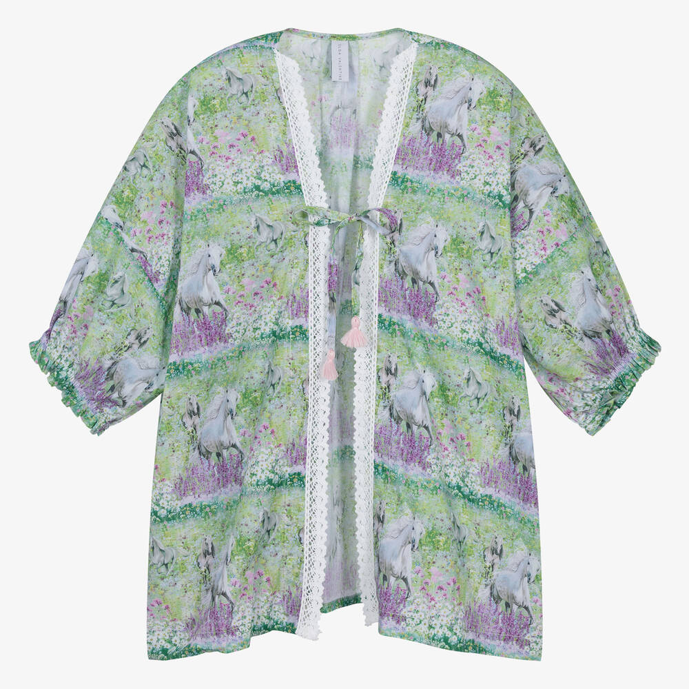 Olga Valentine-Teen Girls Green Horse Print Cotton Kimono | Childrensalon Outlet