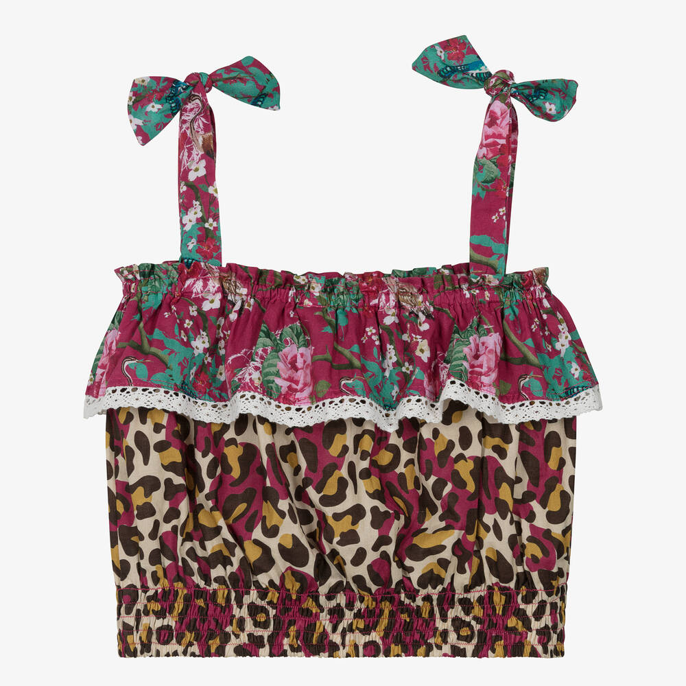 Olga Valentine-Teen Girls Pink Floral & Leopard Cotton Blouse | Childrensalon Outlet