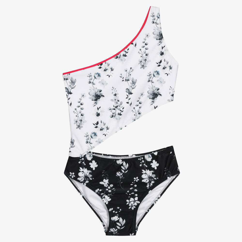 Olga Valentine - Teen Girls White & Black Floral Swimsuit (UPF50+) | Childrensalon