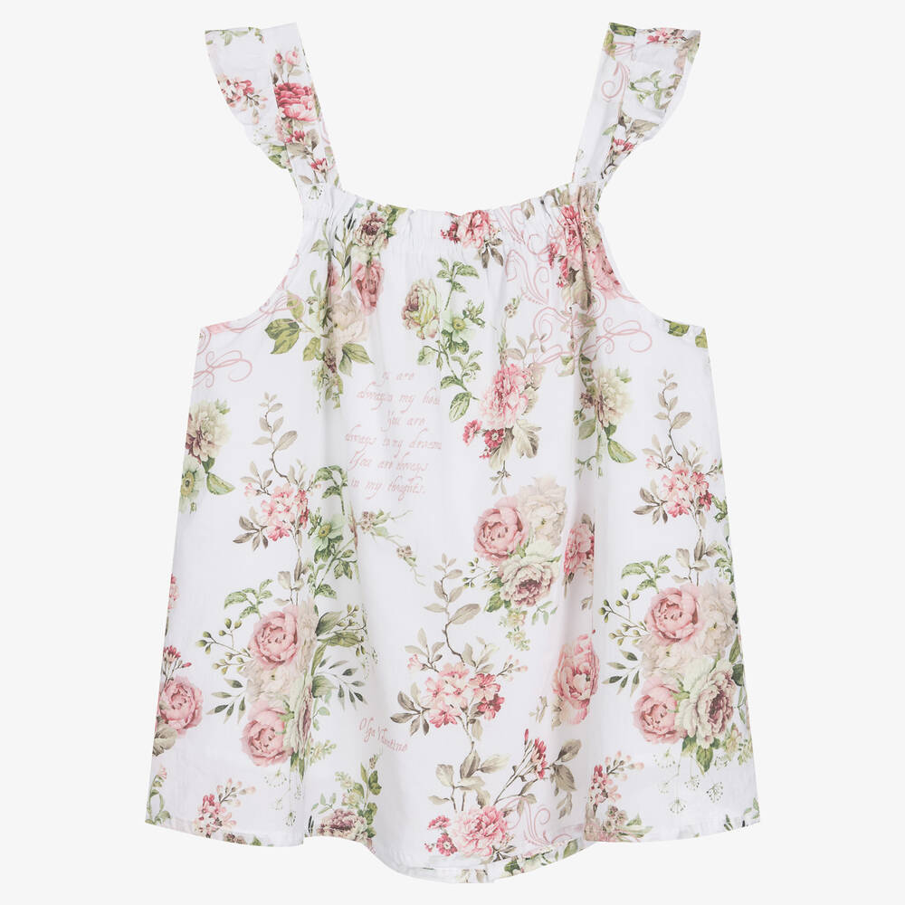 Olga Valentine-Teen Girls White Cotton Floral Top  | Childrensalon Outlet