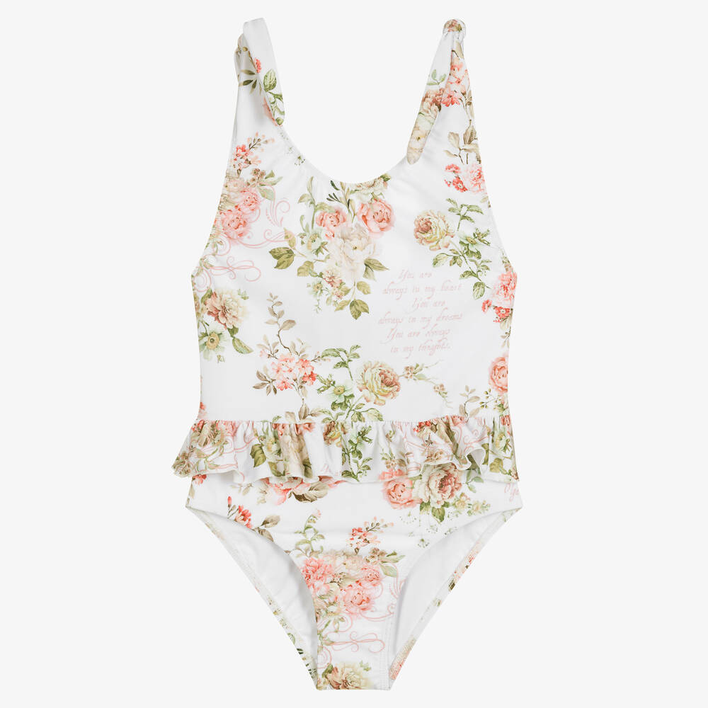 Olga Valentine - Teen Girls White & Pink Floral Swimsuit (UPF50+) | Childrensalon