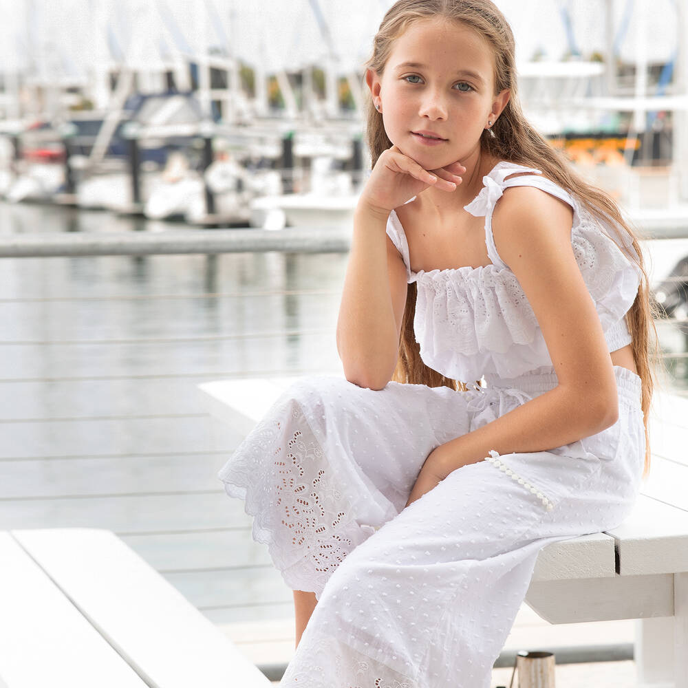 Olga Valentine Teen Girls White Wide Leg Cotton Trousers