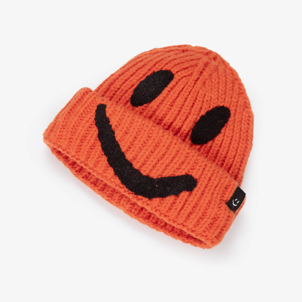 Molo-Orange Smiling Face Ribbed Knit Beanie Hat | Childrensalon Outlet