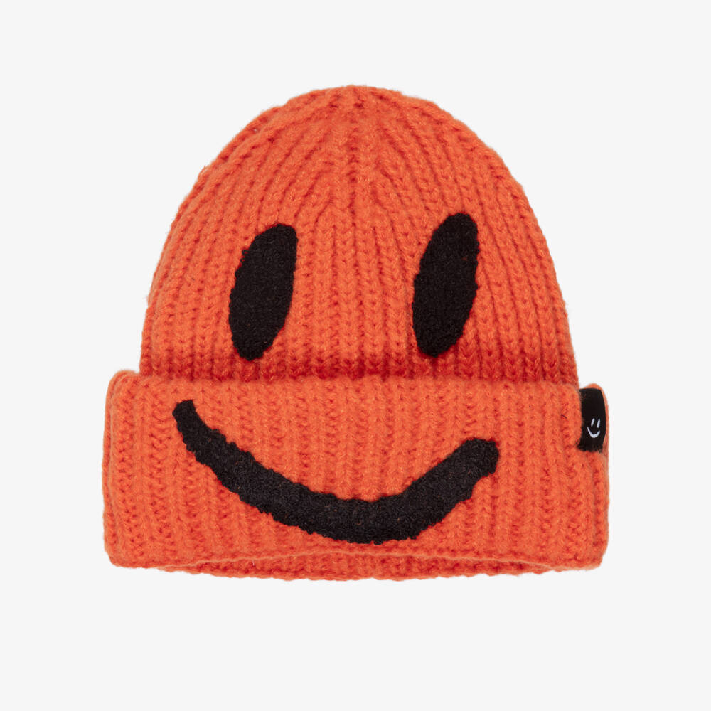 Molo-Orange Smiling Face Ribbed Knit Beanie Hat | Childrensalon Outlet