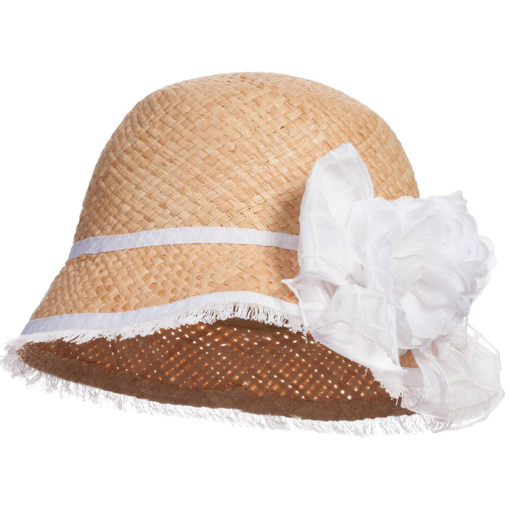Monnalisa Chic-Organic Straw Hat & White Floral Brooch | Childrensalon Outlet