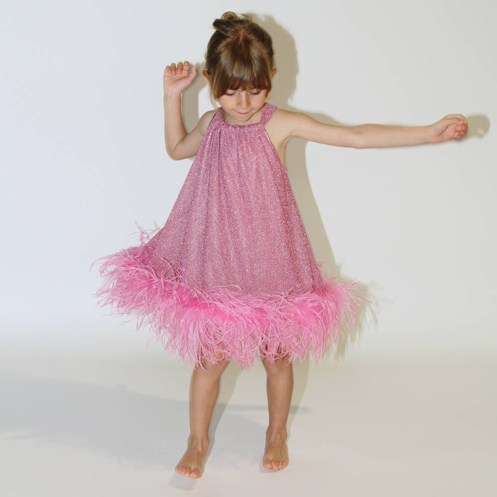 Oséree-Girls Blush Feathered Elegance Dress | Childrensalon Outlet