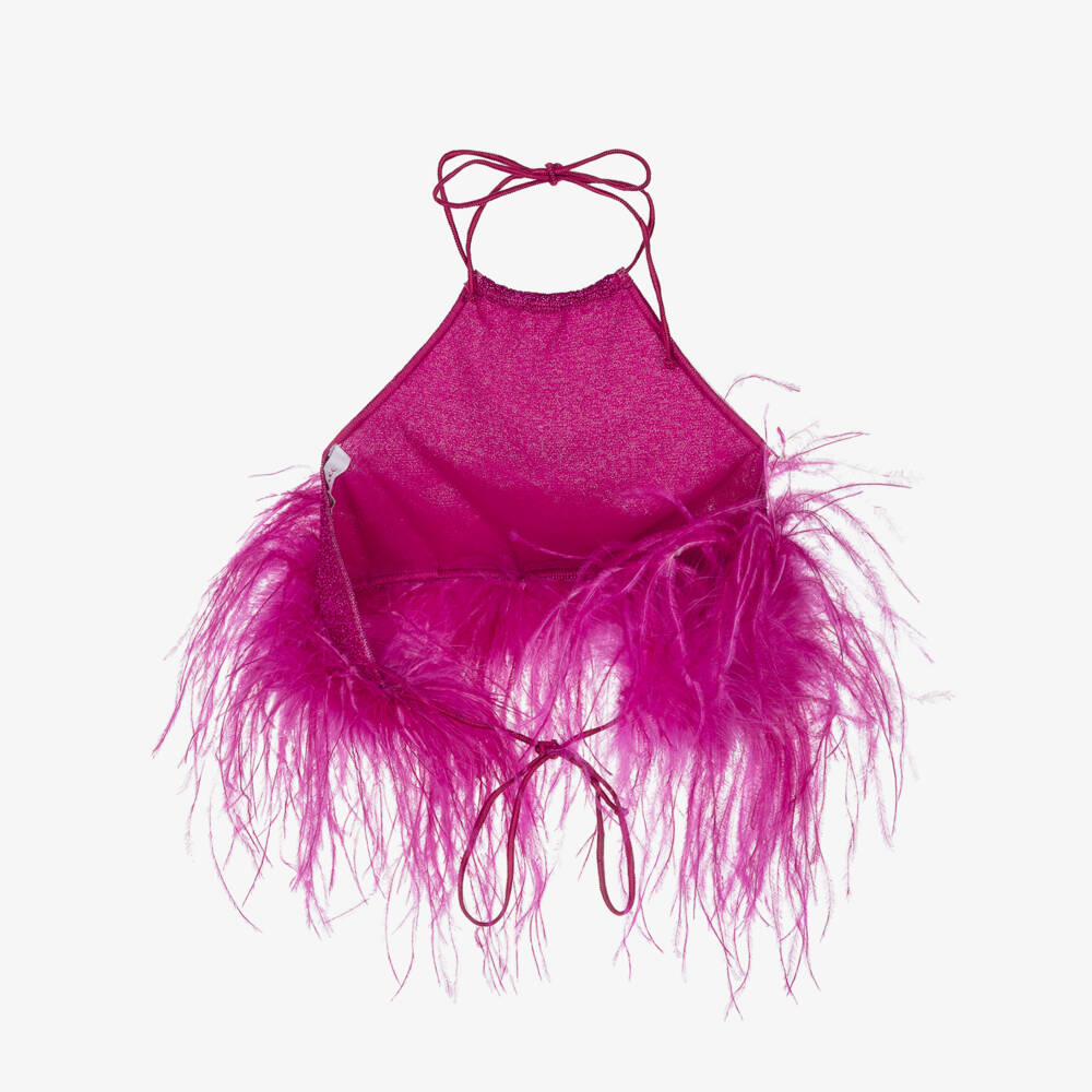 Oséree-Girls Fuchsia Pink Lumiére Feather Trim Halter Neck Top | Childrensalon Outlet