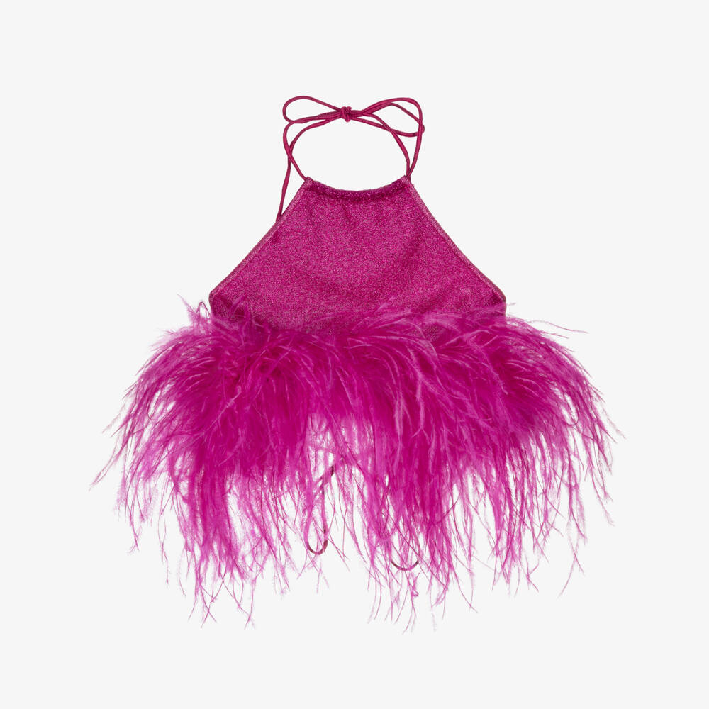 Oséree-Girls Fuchsia Pink Lumiére Feather Trim Halter Neck Top | Childrensalon Outlet