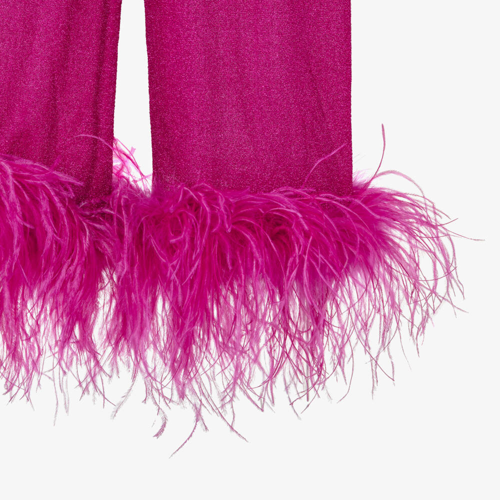 Oséree-Girls Fuchsia Pink Lumiére Feather Trim Trousers | Childrensalon Outlet