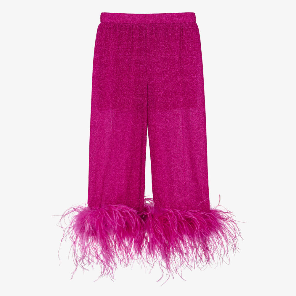 Oséree-Girls Fuchsia Pink Lumiére Feather Trim Trousers | Childrensalon Outlet
