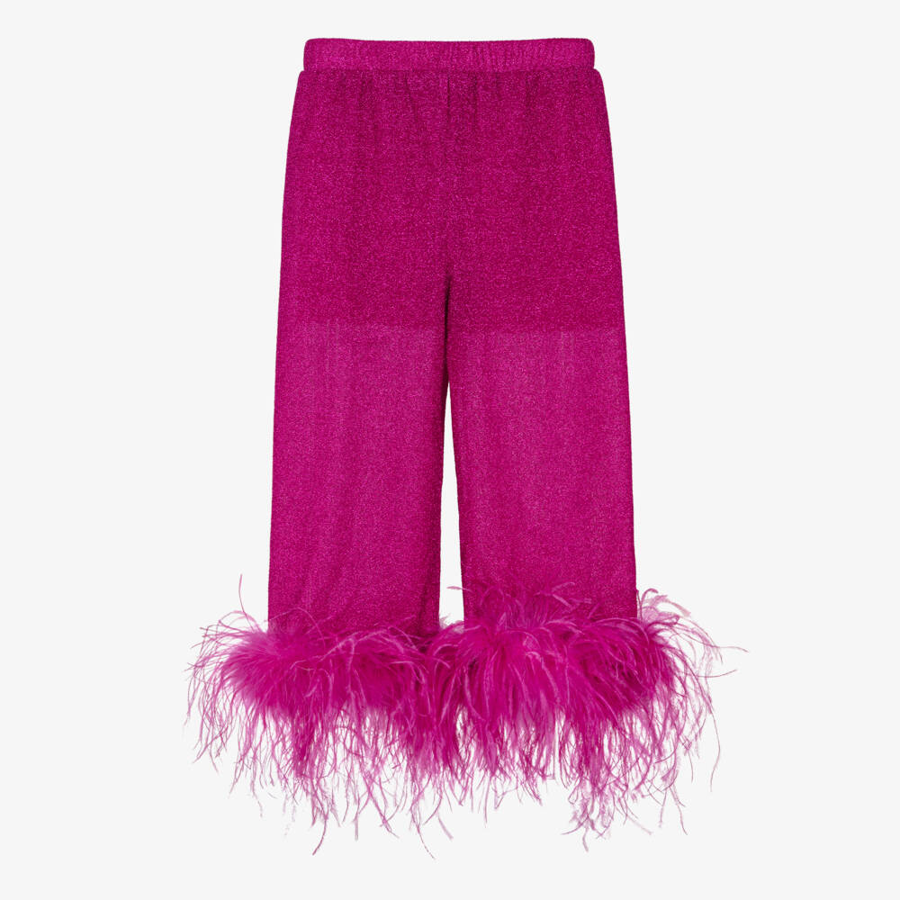 Oséree-Girls Fuchsia Pink Lumiére Feather Trim Trousers | Childrensalon Outlet