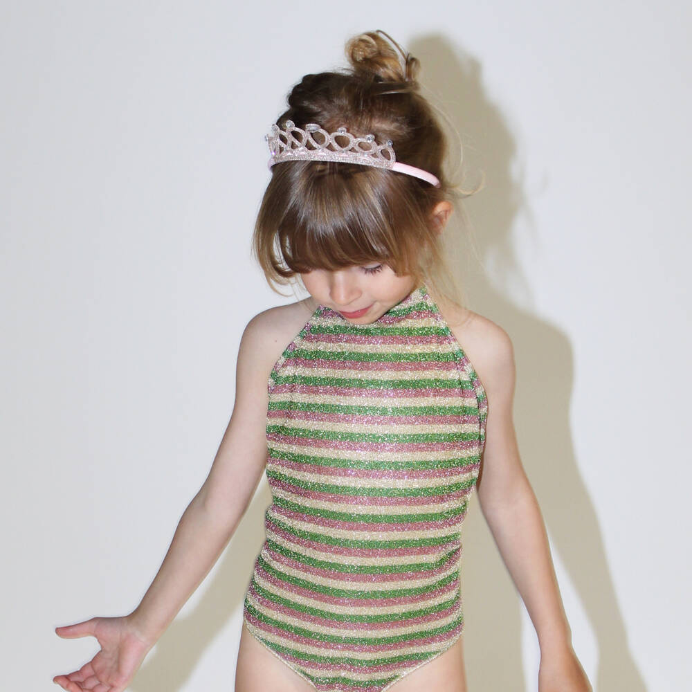 Oséree-Girls Green & Gold Striped Lumiére Swimsuit | Childrensalon Outlet