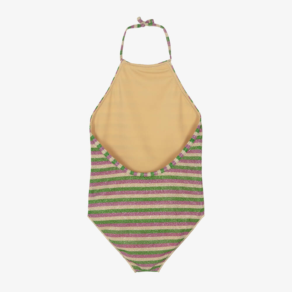 Oséree-Girls Green & Gold Striped Lumiére Swimsuit | Childrensalon Outlet