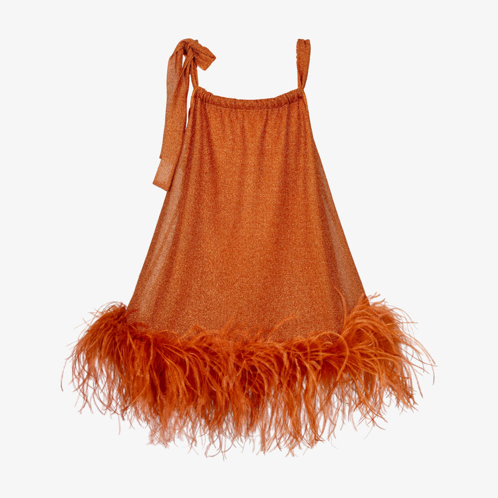 Oséree-Girls Orange Lumiére Feather Trim Dress | Childrensalon Outlet