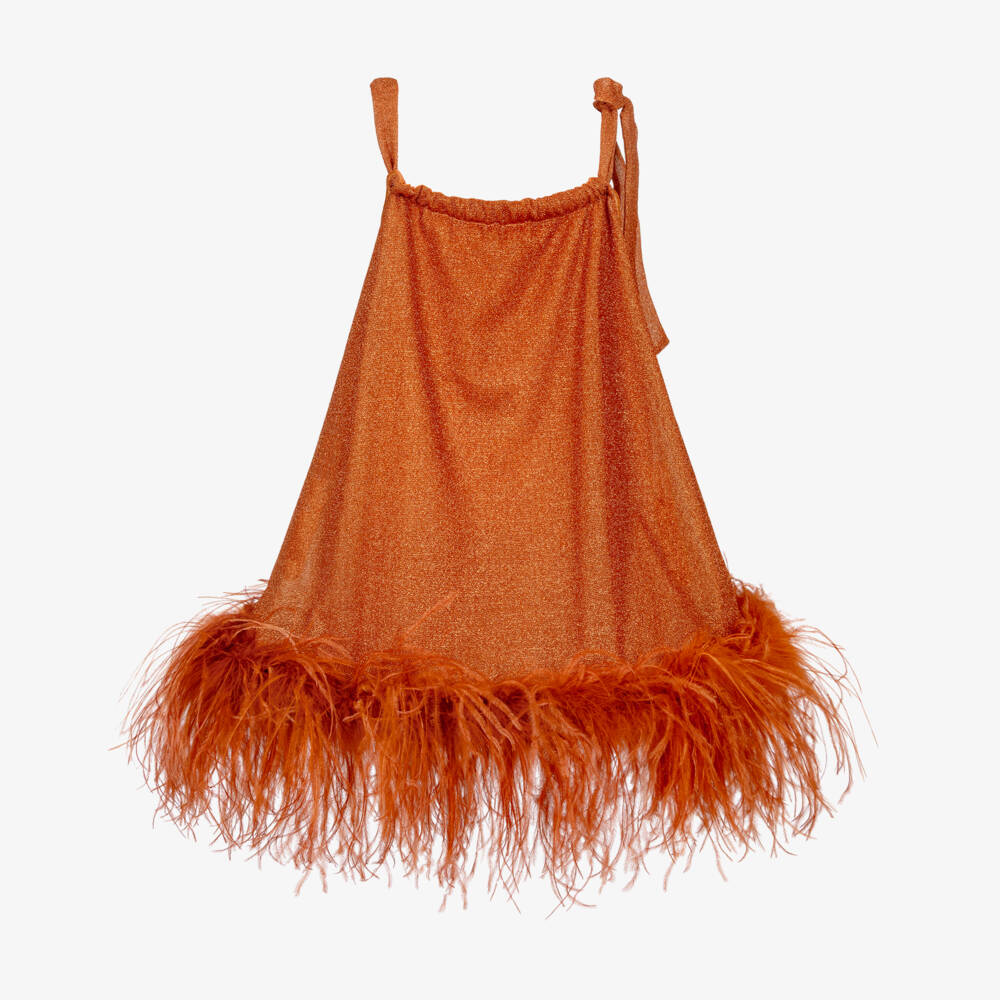 Oséree-Girls Orange Lumiére Feather Trim Dress | Childrensalon Outlet