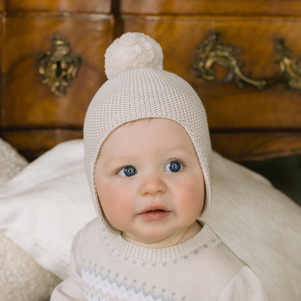 Emile et Rose-Pale Beige Knitted Cotton Pom-Pom Hat | Childrensalon Outlet